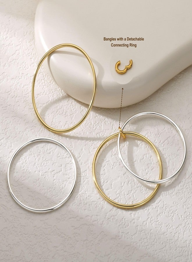 NOKMIT 2PCS 14K Gold Silver Tone Stackable Bangle Bracelets for Women, High Polished Thin Plain Stainless Steel Bangle with Detachable Connector Ring, Non-Tarnish Mixed Metal Jewelry (2PCS, 8.0 inches) - Image 2